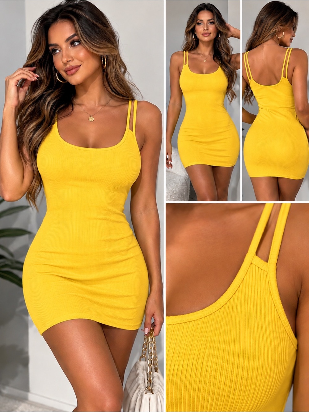 Yellow Ribbed Bodycon Mini Dress Double Strap Medium